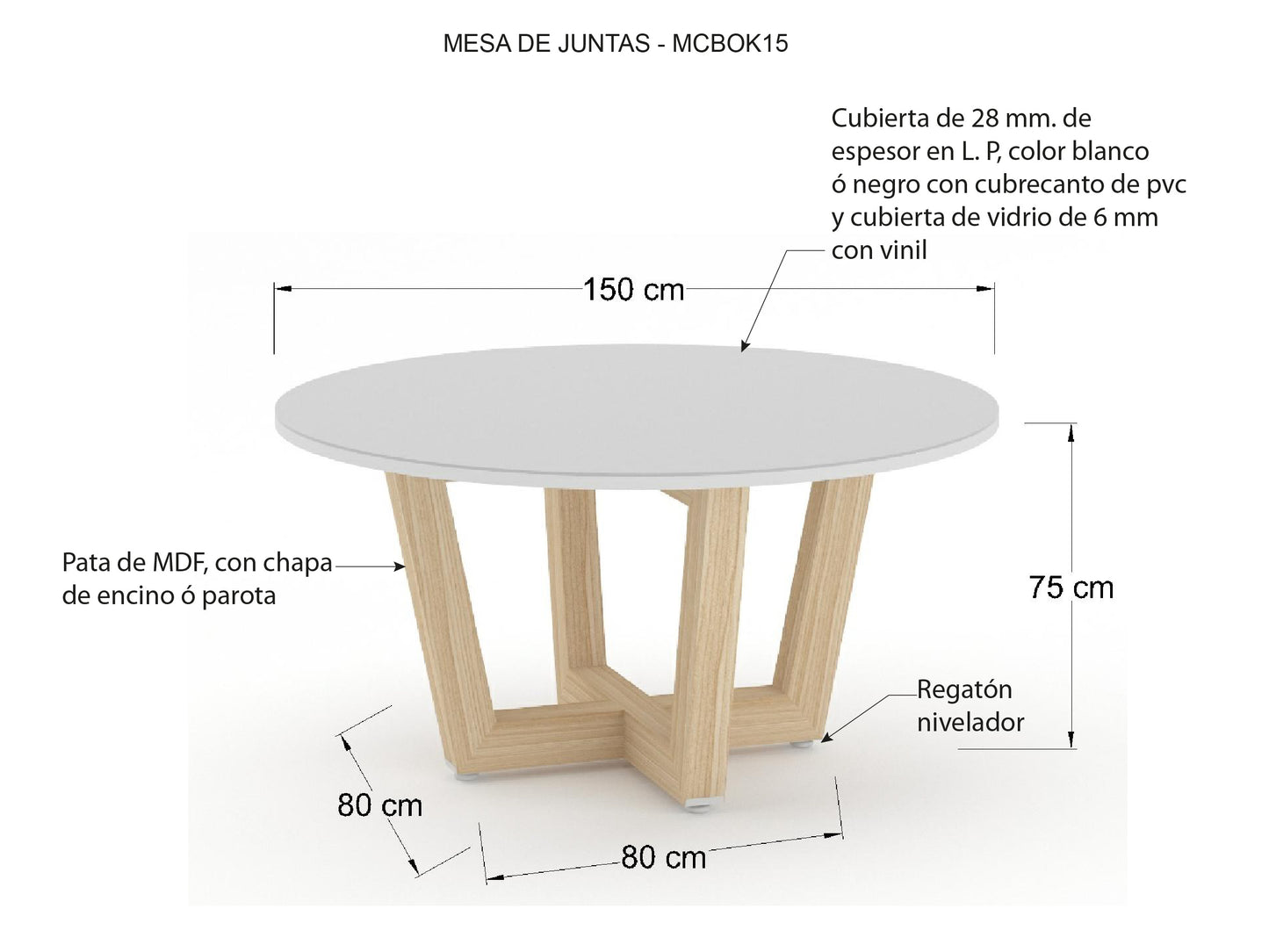 Mesa de Juntas Bok-Santal con Cubierta Blanca de Cristal