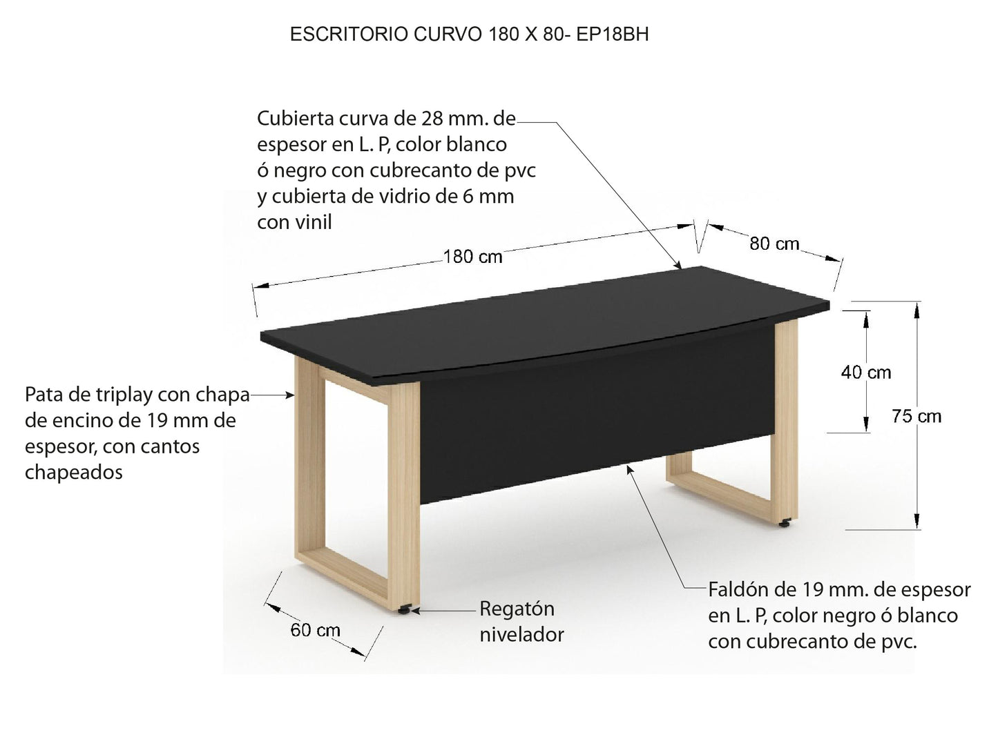 Escritorio Ejecutivo Bohom-Luma con Cubierta Curva en Cristal Ne