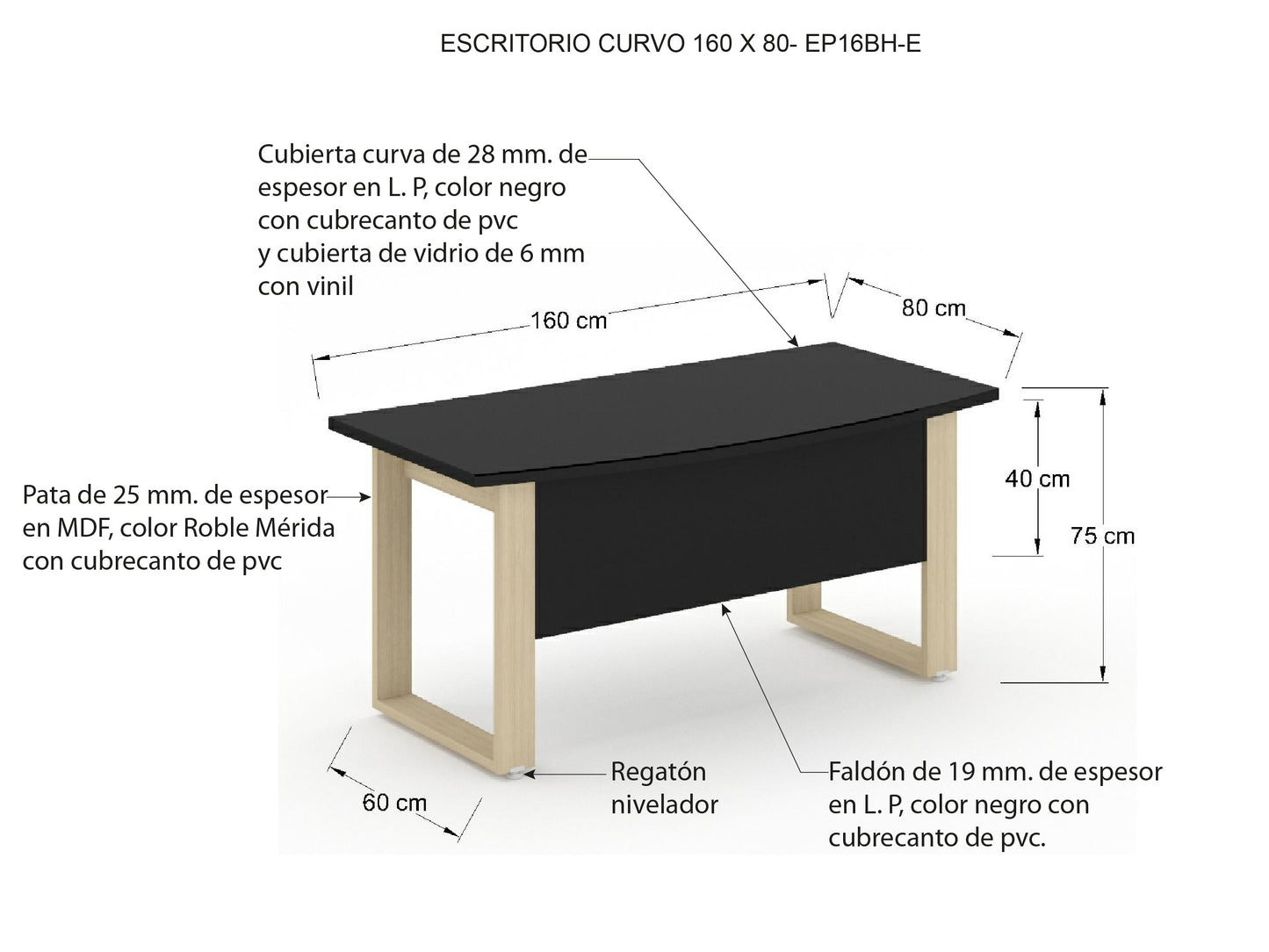 Escritorio Ejecutivo Bohom con Cubierta Curva en Cristal Ne