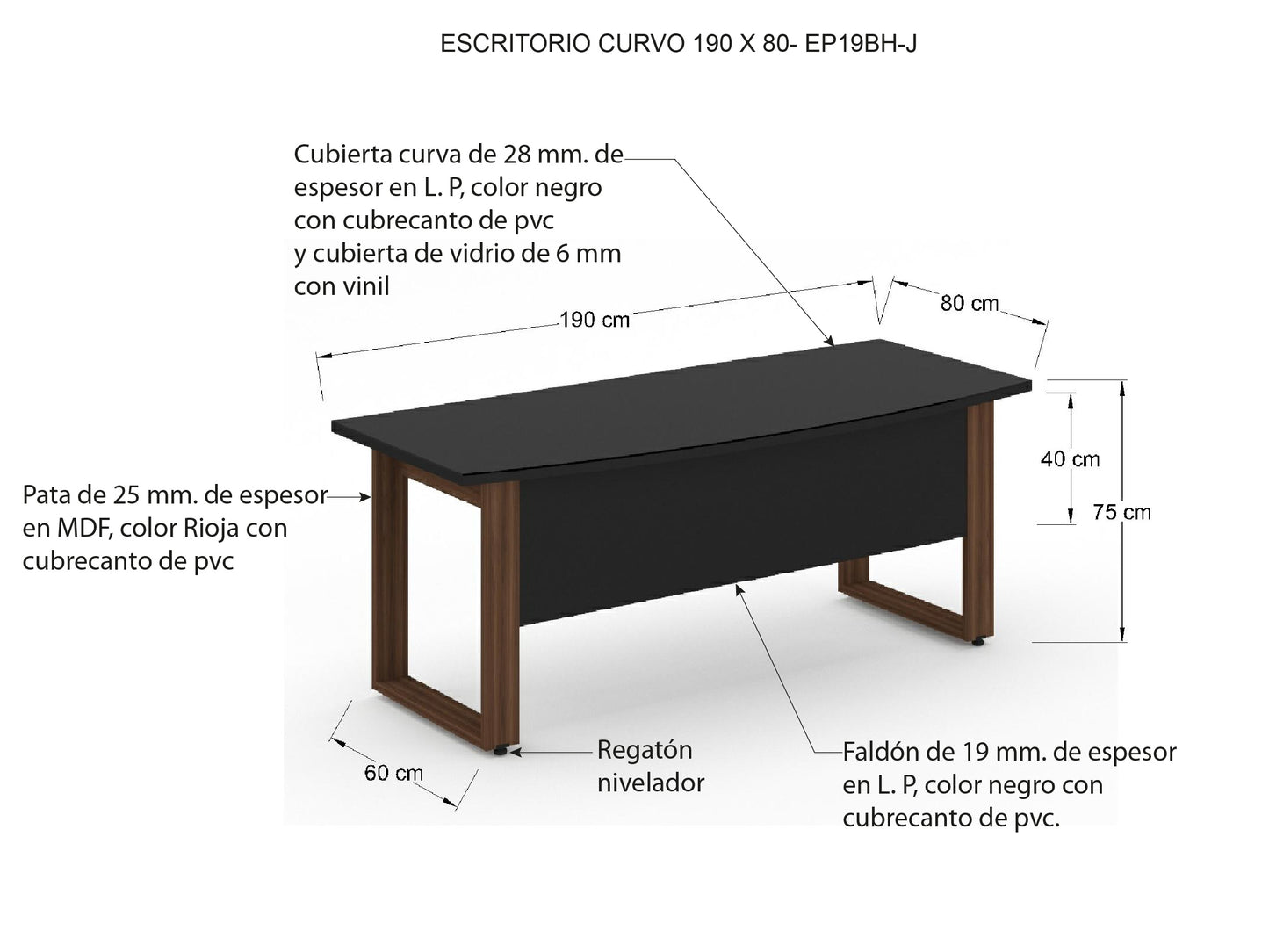Escritorio Ejecutivo Bohom con Cubierta Curva en Cristal Ne