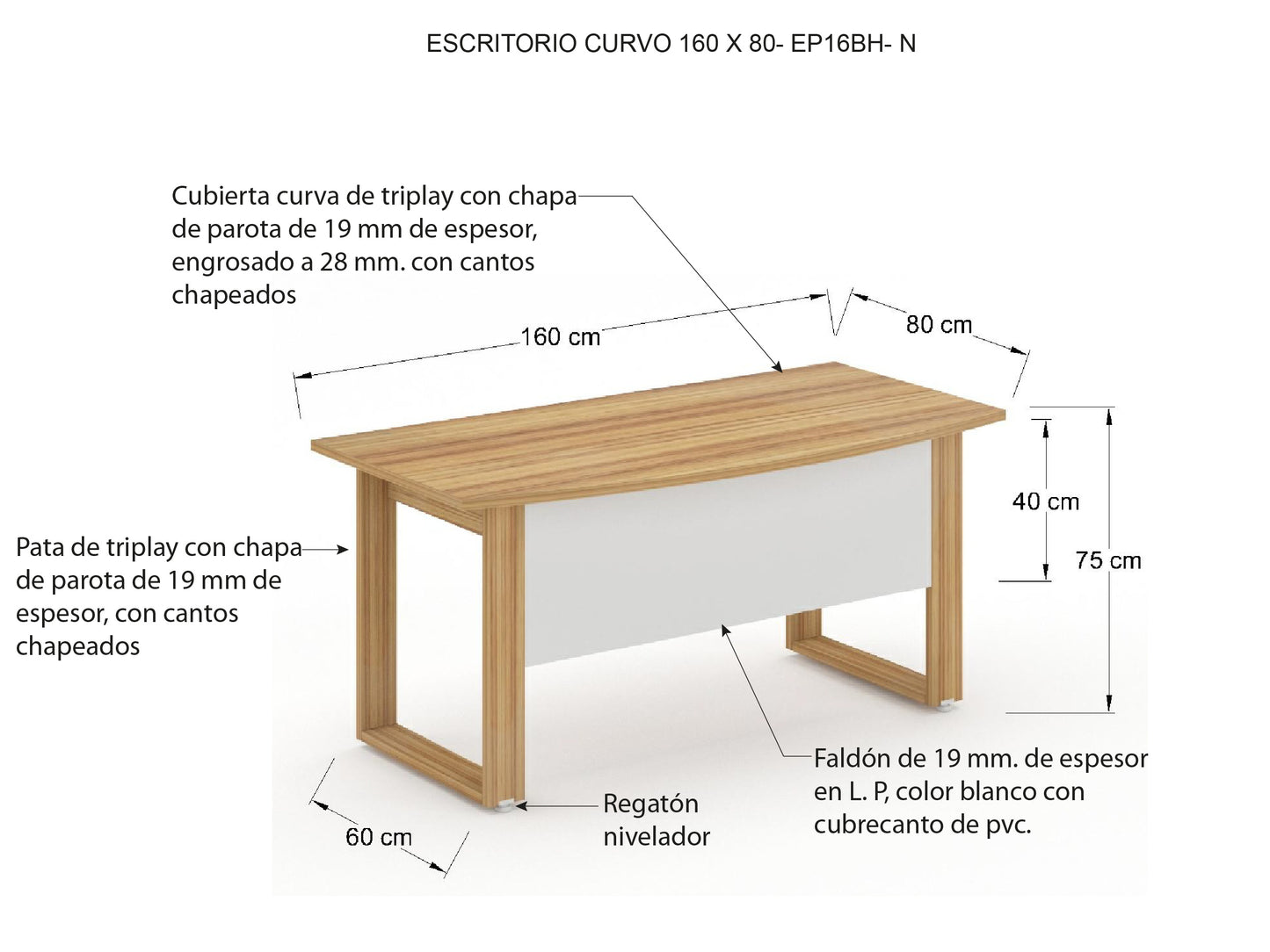Escritorio Ejecutivo Bohom-Luma con Cubierta Curva en Color