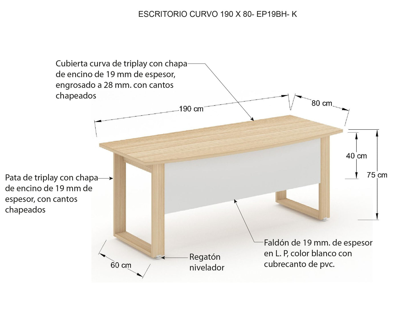 Escritorio Ejecutivo Bohom-Luma con Cubierta Curva en Color