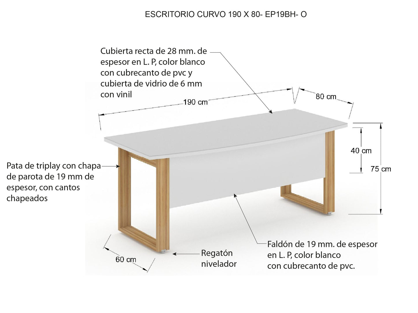 Escritorio Ejecutivo Bohom-Luma con Cubierta Curva en Cristal Bl