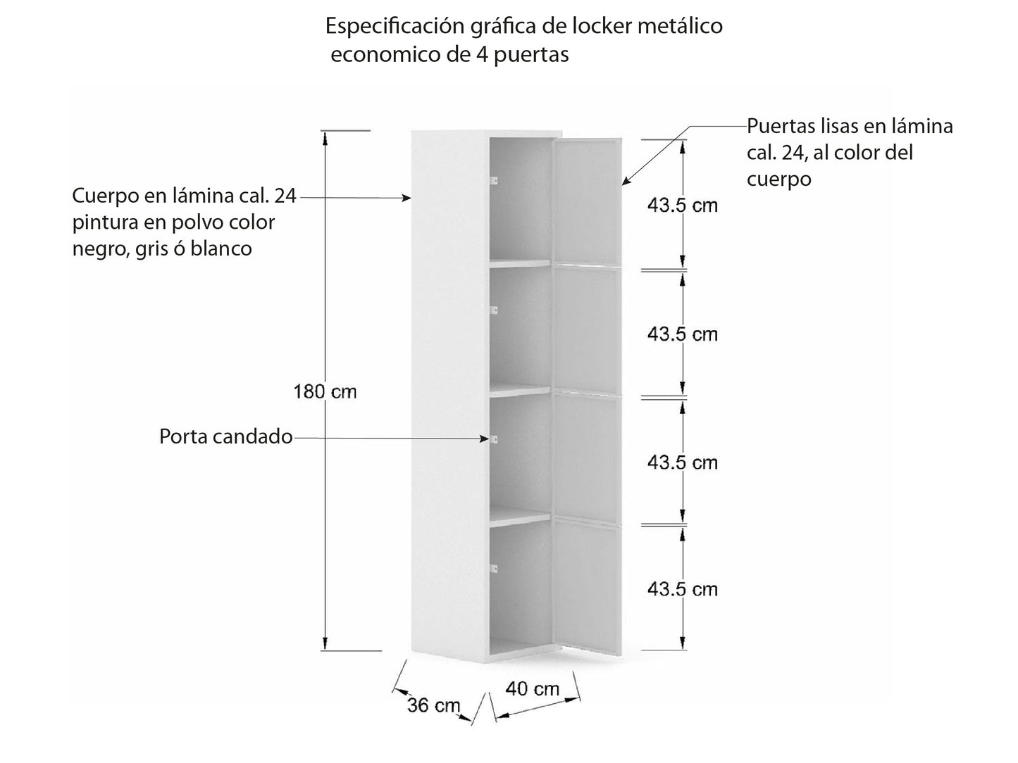 Locker Económico Metálico 4 Puertas LCK4PPG, LCK4PPN, LCK4PPB