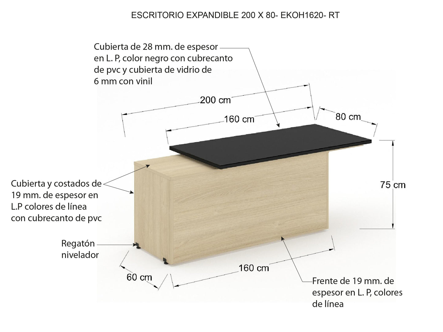 Escritorio Ejecutivo Koh con Cubierta de Cristal Negra