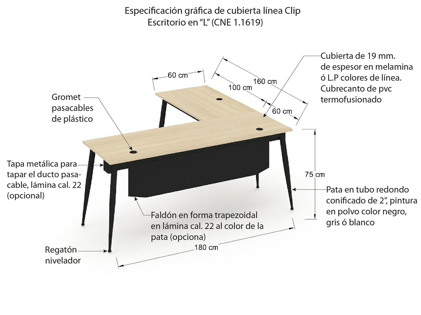 Escritorio Ejecutivo con Lateral Clip Cónico CNE 1.1619